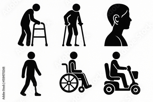  Minimal Vector Set of 6 Black Silhouettes Showing Diverse Disabilities and Mobility Aids