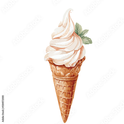Ice cream cone with mint, watercolor illustration isolated on white background