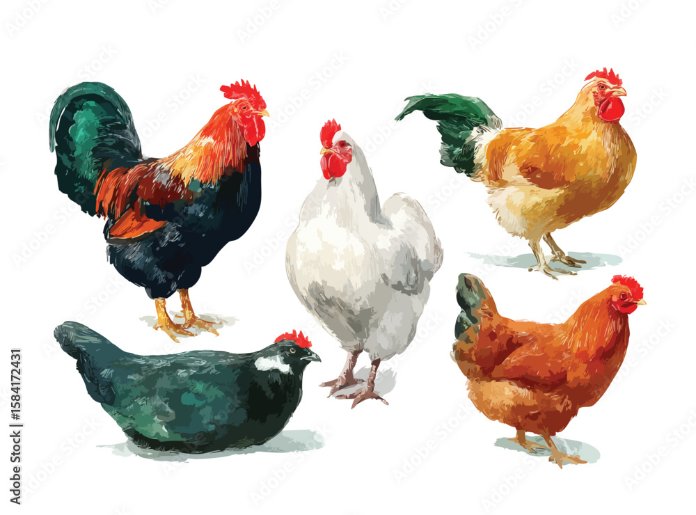 Fototapeta premium Rooster and hens, watercolor illustration