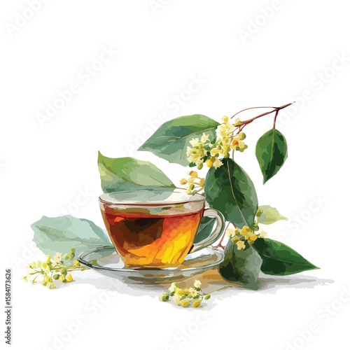 Linden tea cup next to fresh blossoms of linden tree, watercolor illustration