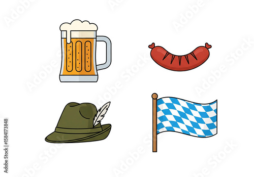 Four Oktoberfest themed icons: beer mug, sausage, Bavarian hat, and Bavarian flag, isolated on white.