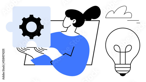 Woman holding gear puzzle piece symbolizing solutions, creativity, and innovation. Lightbulb and cloud emphasize brainstorming, ideas, productivity. Ideal for teamwork, problem-solving, strategy