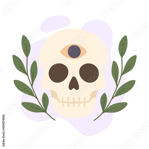 Skull with third eye conveys mystic vision, skull bridging life and spirit, skull radiating esoteric meaning and symbolism.