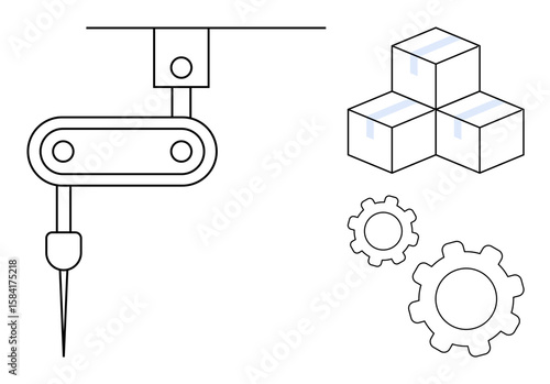 Robotic arm operating alongside gear mechanisms and packed boxes, representing automation, production, and innovation. Ideal for industry, technology, logistics, process, machinery future tech