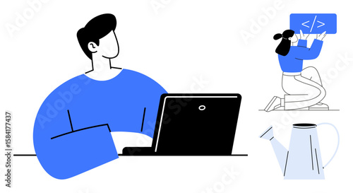 Person using laptop at desk, another editing code on a tablet kneeling near watering can. Ideal for technology, teamwork, coding, productivity, education, creativity, simple landing page