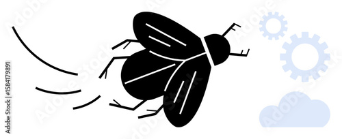Black fly with dynamic motion lines against minimalistic background including abstract gears and cloud. Ideal for innovation, nature, productivity, environment, ecology, creativity, bioengineering