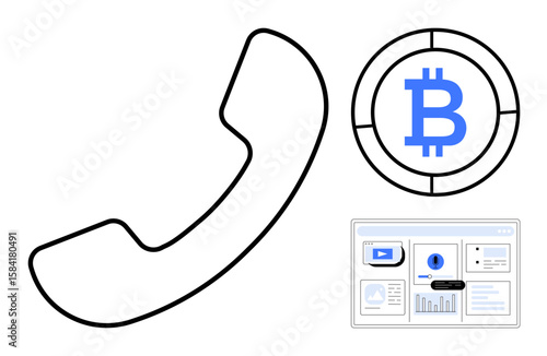 Phone line, Bitcoin token, and data dashboard underline communication, cryptocurrency, and analytics. Ideal for blockchain, fintech, trading digital finance remote work modern technology. Simple