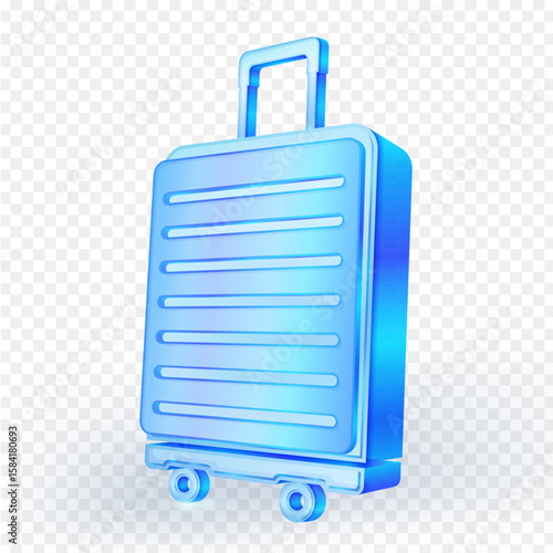 3D glossy blue luggage icon with wheels and handle, isolated on a transparent background. Perfect for travel, vacation, or transportation concepts. Vector illustration.