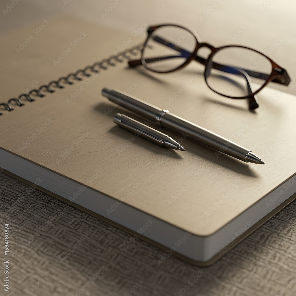 Fototapeta premium A notebook, pen, and eyeglasses rest on a textured surface, ready for writing.