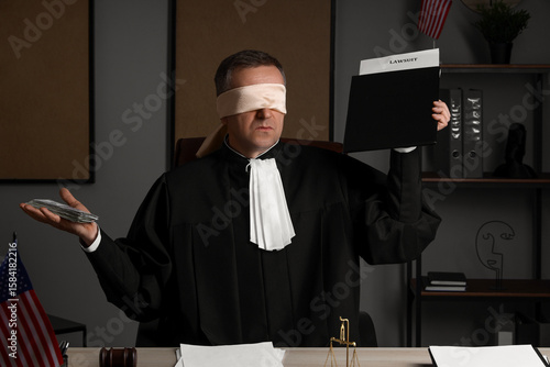 Blindfolded mature judge wi...