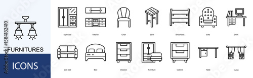 furnitures icon collection set. Containing Kitchen, Chair, Stool, Shoe Rack, Sofa, Desk icon