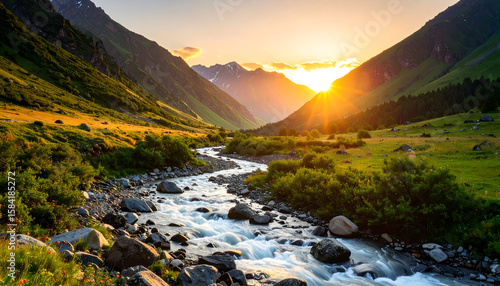 Serene Sunset Over Mountain River Valley