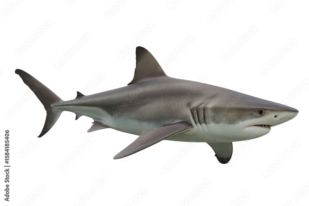 Obraz premium Oceanic shark swimming, isolated, black background, marine life, wildlife, educational