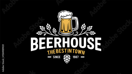 Retro beerhouse logo with frothy beer mug and hops decoration