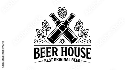 Vintage beer house logo with crossed bottles and hops design