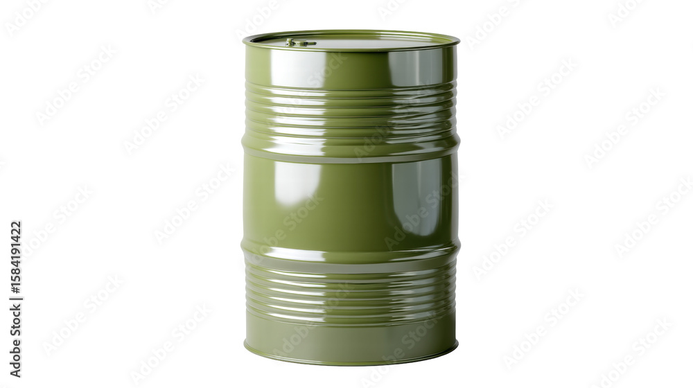 Obraz premium Green metal barrel isolated on transparent background with shiny surface and smooth texture