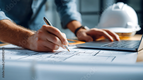 Architect or engineer working on blueprints with laptop and hard hat