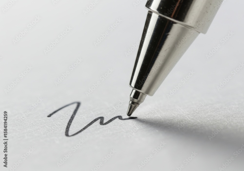 Fototapeta premium Close up of a silver pen tip writing a signature on textured paper isolated on white background