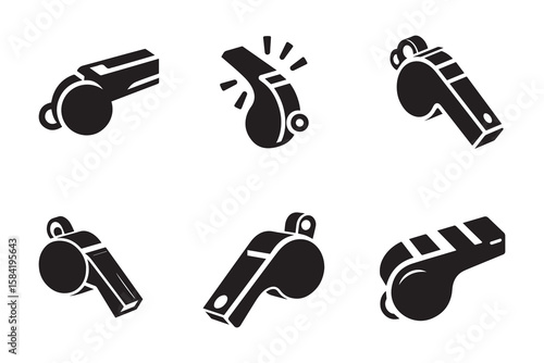 Whistle icon set – black vector illustration of sports referee whistles in flat silhouette style