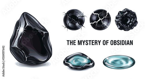 Illustration of obsidian stones with different textures and colors on a white background art style