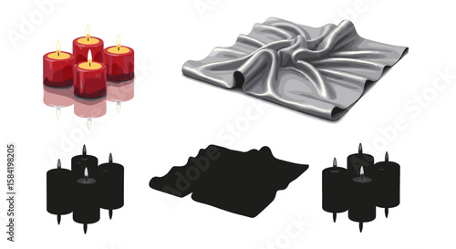 Still life composition featuring red candles with flames and a draped silver fabric on a white surface