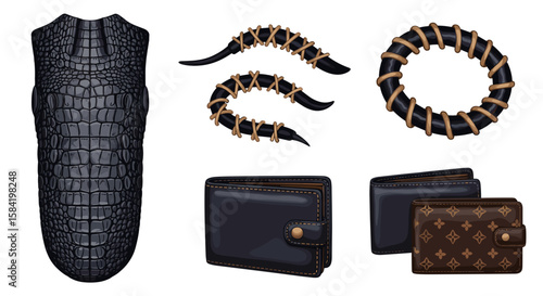 A display of alligator skin, decorative horns, a brown ring, and two wallets on a white background