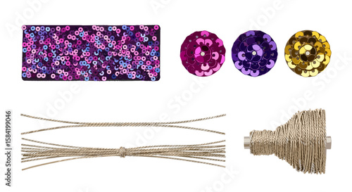 A collection of craft supplies including sequins, string, and a wire brush on a white background