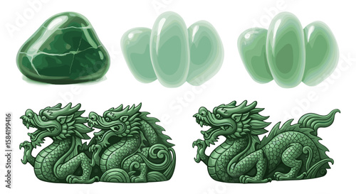 Illustration of green jade stone, beads, and dragon statues on a white background with detailed carvings