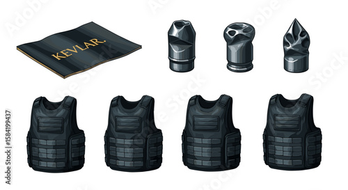 Illustration showing kevlar material sample with bullets and bulletproof vests on a white background