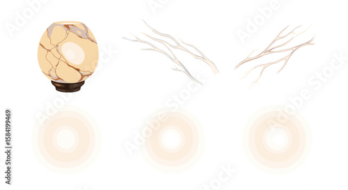 Illuminated lamp with marble effect and decorative branches casting soft glowing light on white surface