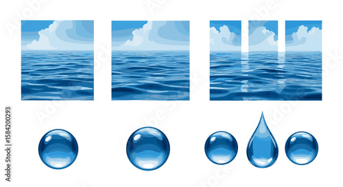 Illustration featuring panels of ocean views and various shapes of water droplets below them all in blue
