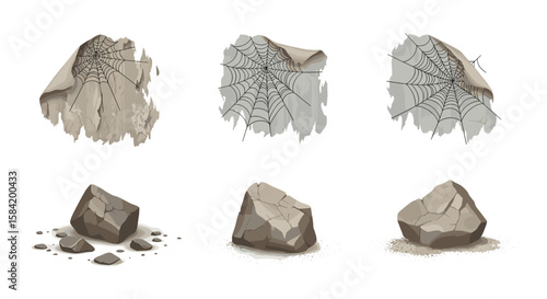 Illustration showing three tattered cloths with spiderwebs and three rocks on a white background