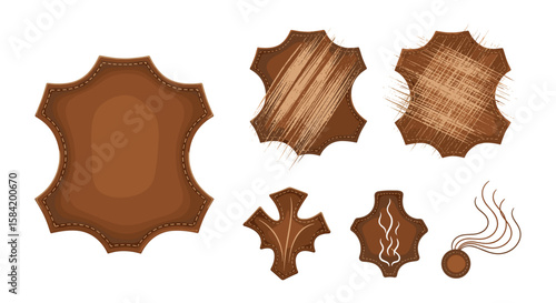 Collection of various brown leather swatches with decorative stitching and surface patterns shown