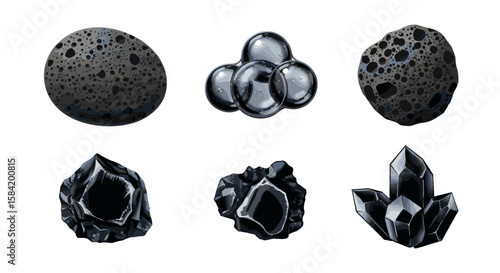 Illustration of six mineral formations including porous stones and shiny dark crystals displayed together