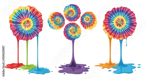 Colorful tie dye spiral designs with dripping paint in red green blue purple and orange colors on white background
