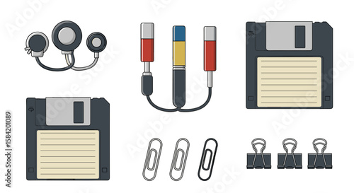 Illustration of vintage technology including floppy disks cables and office supplies arranged neatly on white