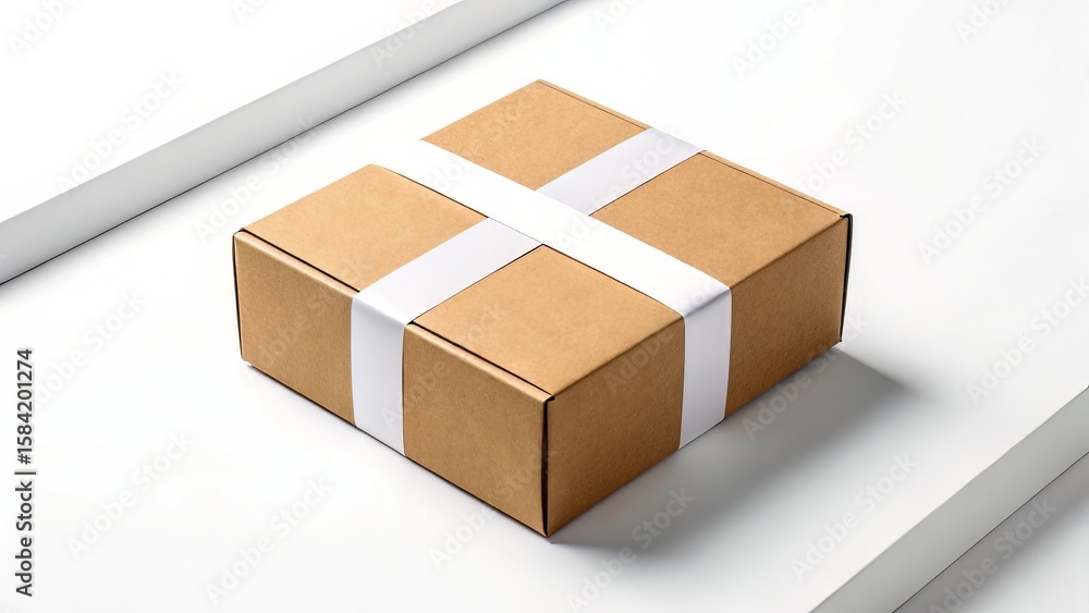 Obraz premium Top-Down View of Kraft Shipping Box with White Belly Band on Bright White Background for E-commerce Branding