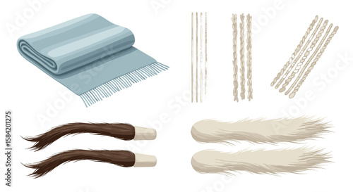 Illustration showing a folded blue blanket, three bundles of sticks, and two pairs of fur tails