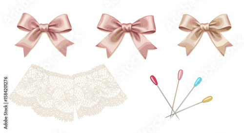 Illustration of three satin bows, lace fabric, and sewing pins on a white background surface art