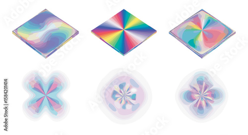 Three iridescent diamond shapes with unique patterns and blurry reflections on a white background space