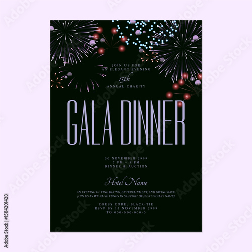 Charity gala dinner invitation features stylized fireworks in shades of purple, pink, and white at the top on dark gray background