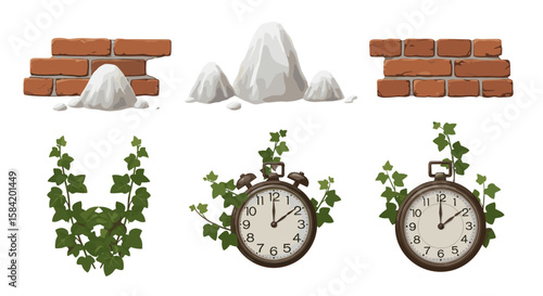 Illustration of brick walls, rocks, ivy, and clocks showing different times on a white background