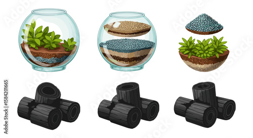 Glass terrariums with plants and stacked stones for zen, decoration, or interior design themes
