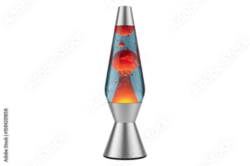 Lava lamp glowing, room dark, liquid moving, home decor