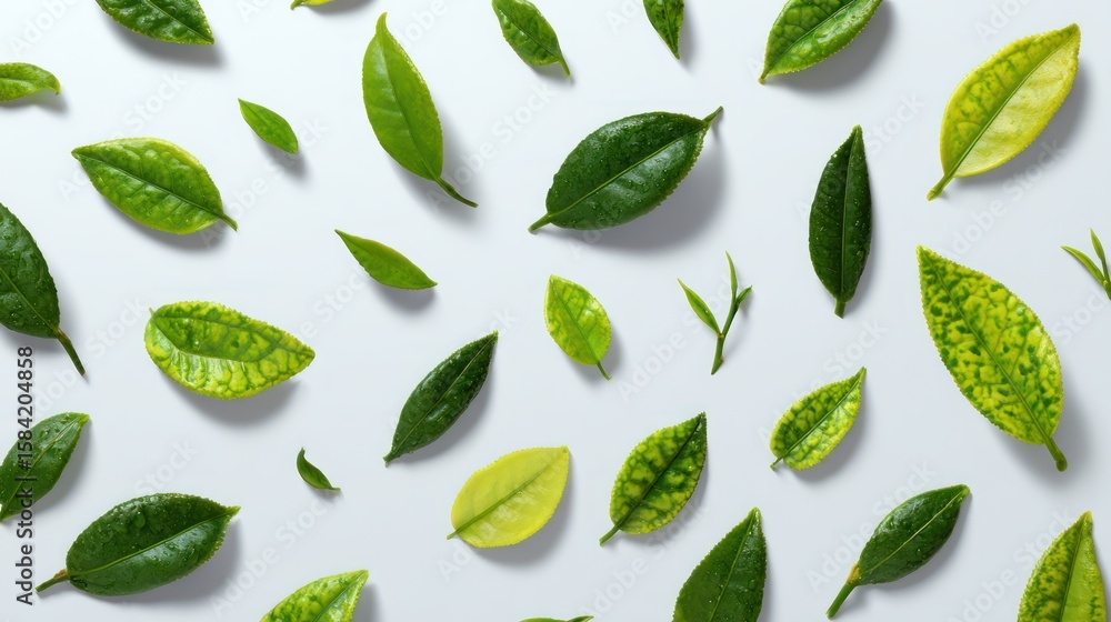 Minimalist collection of green tea leaves with various shapes and sizes, scattered aesthetically across a clean white backdrop, studio lighting, ideal for organic product advertisements Minimalist collection of green tea leaves with various shapes and sizes, scattered aesthetically across a clean white backdrop, studio lighting, ideal for organic product advertisements