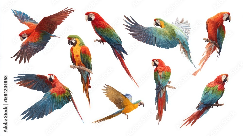 Fototapeta premium Multiple macaws in various poses--perched, flying, looking around