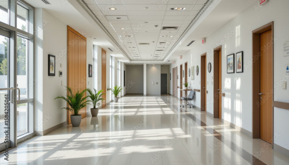 Fototapeta premium Bright and spacious corridor featuring modern design elements, large windows, and decorative plants. sunlight creates beautiful reflections on polished floor, enhancing inviting atmosphere