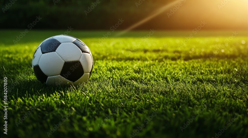 Fototapeta premium soccer ball on a grass field, dramatic lighting, generative ai