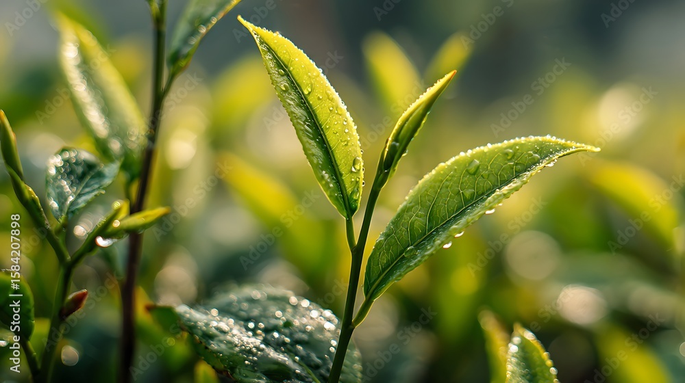 Fototapeta premium Close-Up of Green Tea Leaves – Morning Light