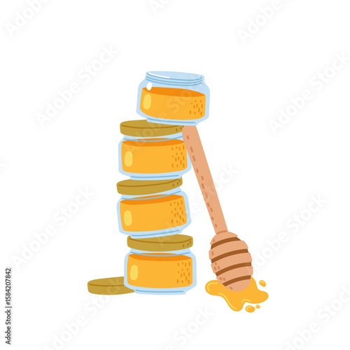 Stack of honey jars with honey dipper placed beside them in a simple layout